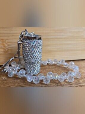 Bling Rhinestone Tumbler Keychain with Iridescent Crystal Bead Wristlet Strap ✨